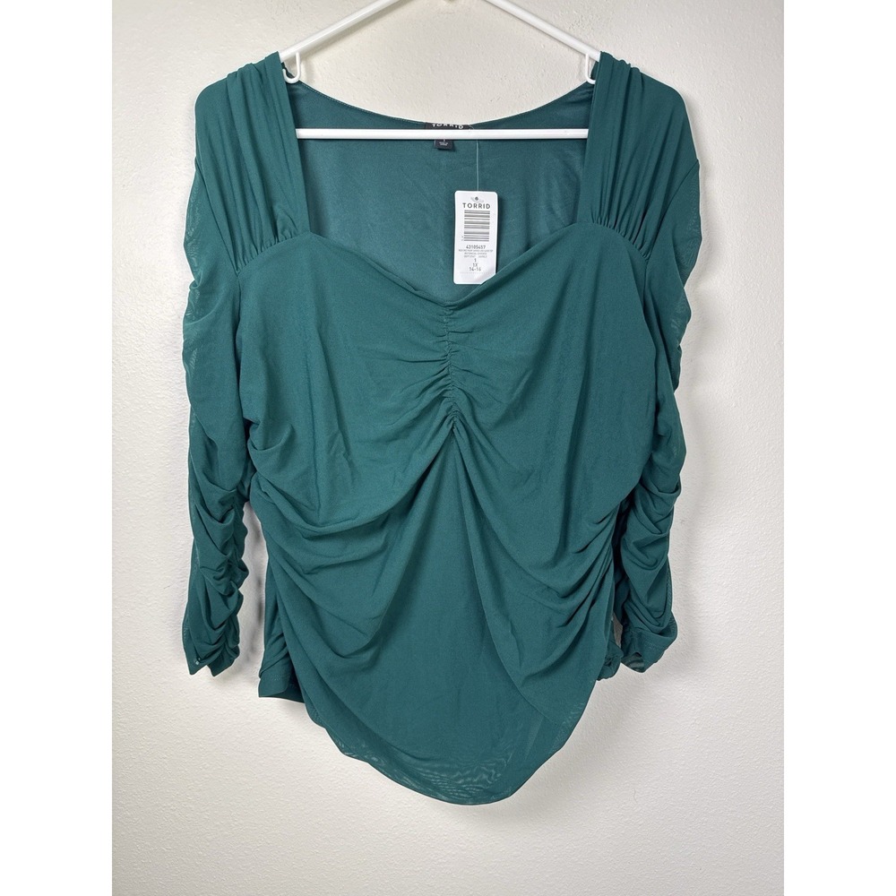 Torrid 1X Mesh Sweetheart Shirred Long Sleeve Top Dark Green Sheer Sleeves